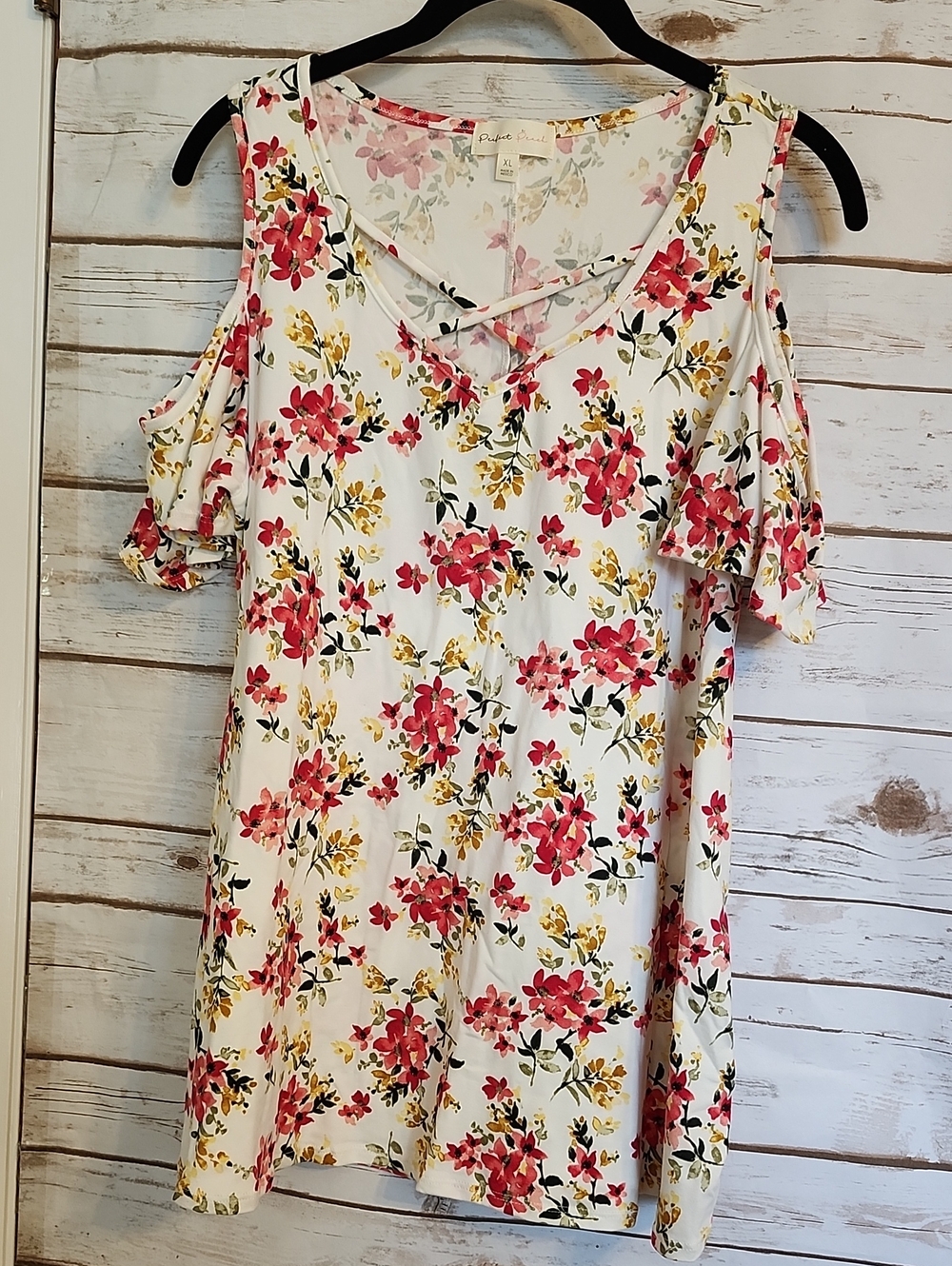 Floral Cold-Shoulder V-Neck Top in Cream/White with Pink & Yellow Flowers New